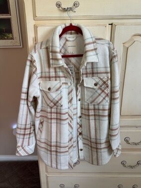 Thread & Supply Cream Plaid Shacket with Tan Stripes